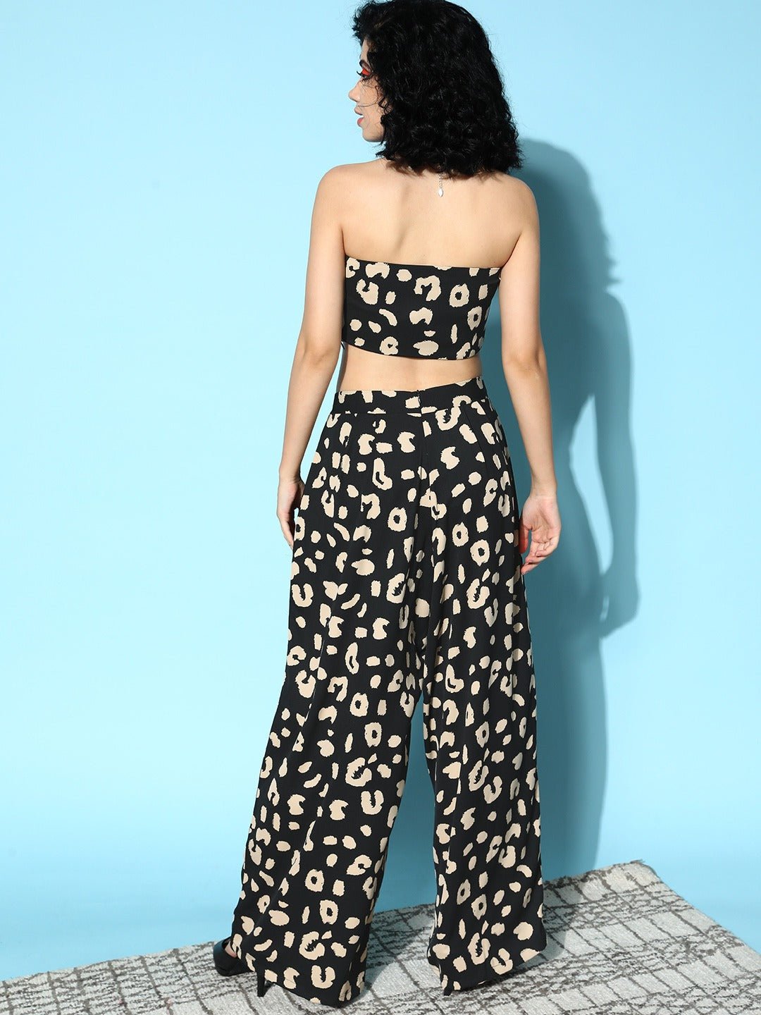 Folk Republic Women Black & Beige Animal Printed Strapless Neck Front Tie-Up Tube Crop Top & Regular Palazzos Co-Ord Set - #folk republic#
