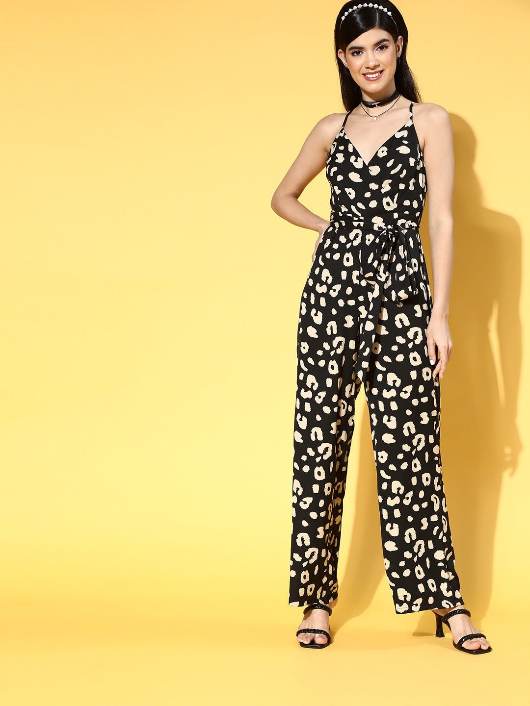 Folk Republic Women Black & Beige Animal Printed V-Neck Sleeveless Waist Tie-Up Basic Playsuit - #folk republic#