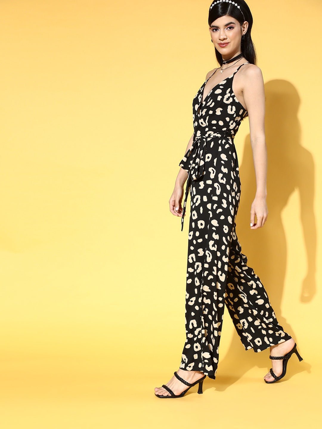 Folk Republic Women Black & Beige Animal Printed V-Neck Sleeveless Waist Tie-Up Basic Playsuit - #folk republic#