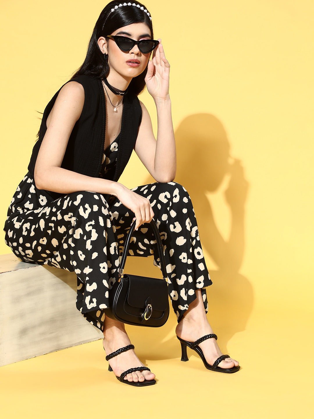 Folk Republic Women Black & Beige Animal Printed V-Neck Sleeveless Waist Tie-Up Basic Playsuit - #folk republic#