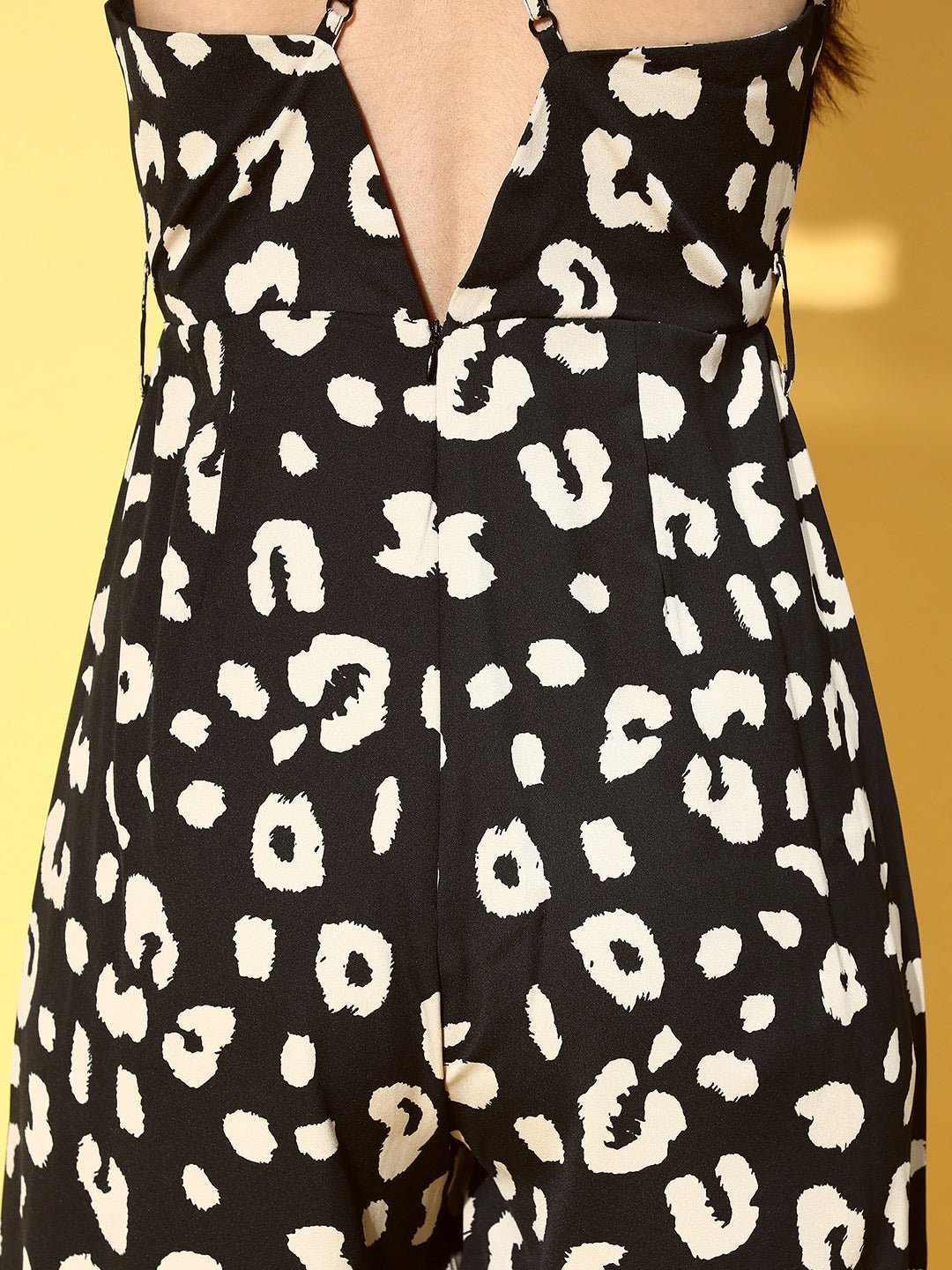 Folk Republic Women Black & Beige Animal Printed V-Neck Sleeveless Waist Tie-Up Basic Playsuit - #folk republic#