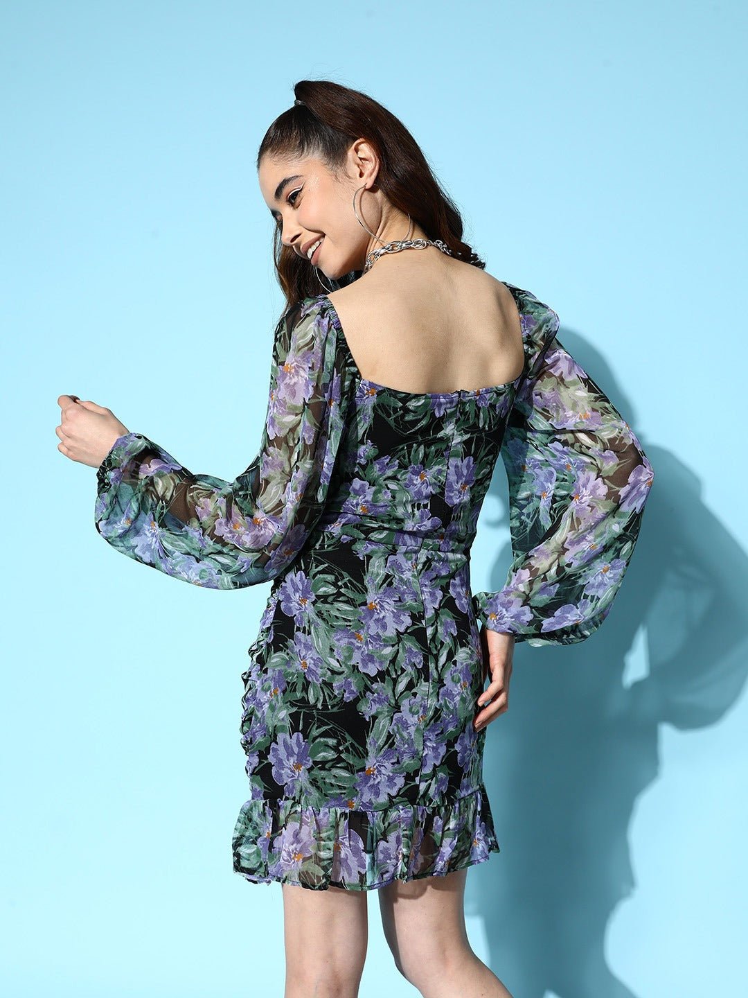 Folk Republic Women Black & Blue Floral Printed Sweetheart Neck Crepe Straight Hem Pleated Bodycon Mini Dress - #folk republic#