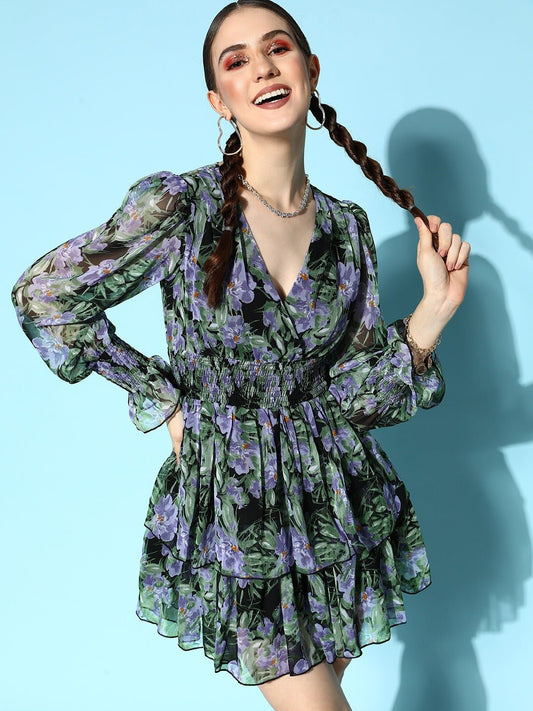 Folk Republic Women Black & Blue Floral Printed V-Neck Puff Sleeve Layered Wrap Mini Dress - #folk republic#