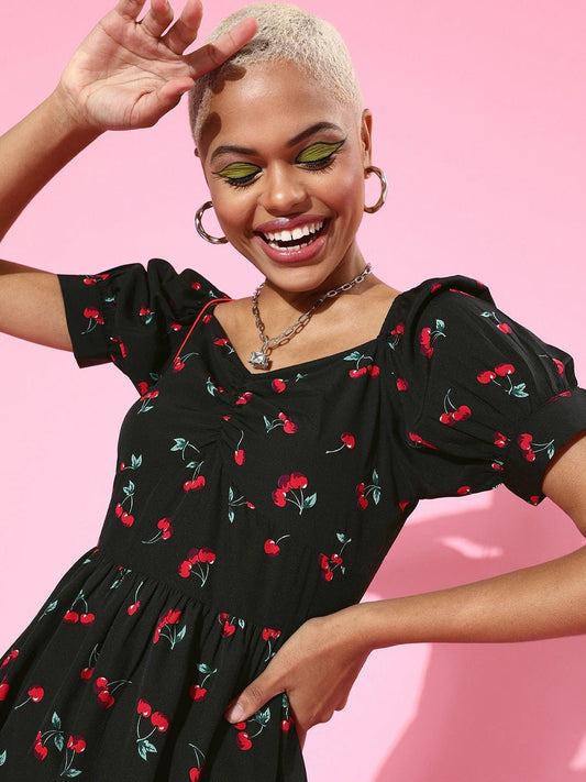 Folk Republic Women Black Cherry Printed Sweetheart Neck Fit & Flare Mini Dress - #folk republic#