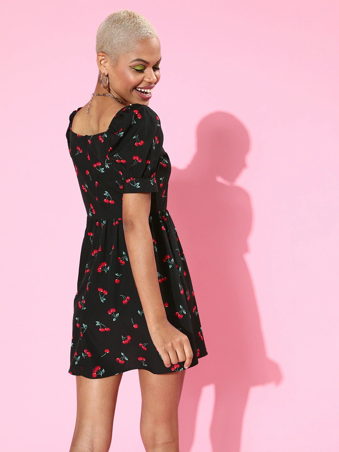 Folk Republic Women Black Cherry Printed Sweetheart Neck Fit & Flare Mini Dress - #folk republic#