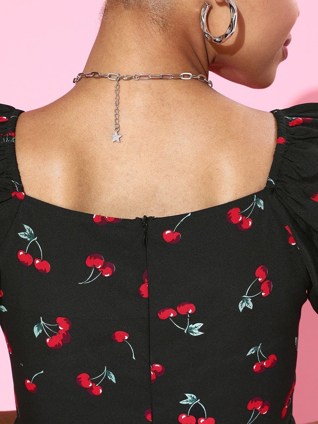 Folk Republic Women Black Cherry Printed Sweetheart Neck Fit & Flare Mini Dress - #folk republic#