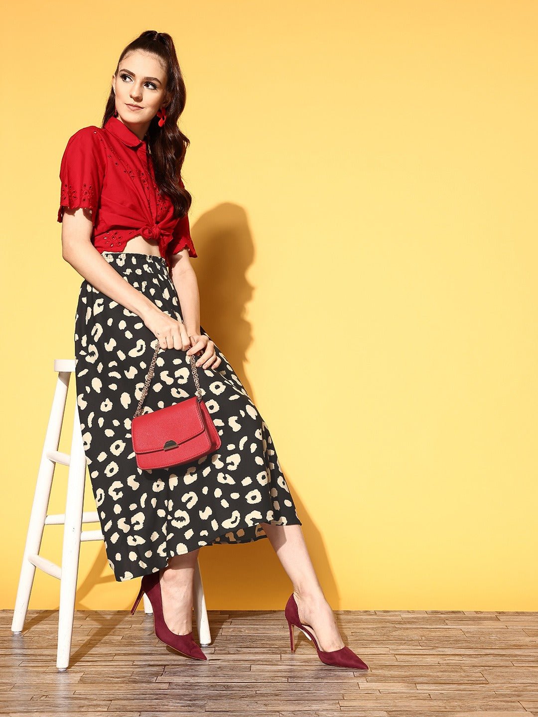 Folk Republic Women Black & Cream Animal Printed Crepe Flared A-Line Midi Skirt - #folk republic#