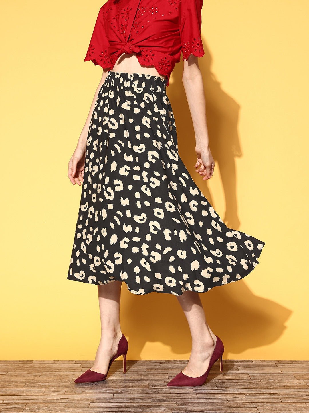 Folk Republic Women Black & Cream Animal Printed Crepe Flared A-Line Midi Skirt - #folk republic#