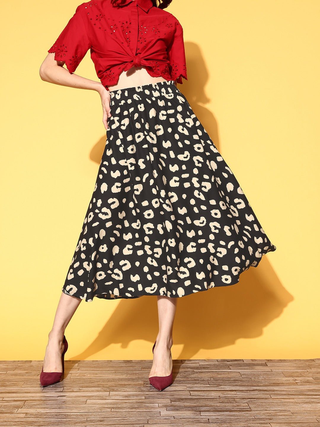 Folk Republic Women Black & Cream Animal Printed Crepe Flared A-Line Midi Skirt - #folk republic#