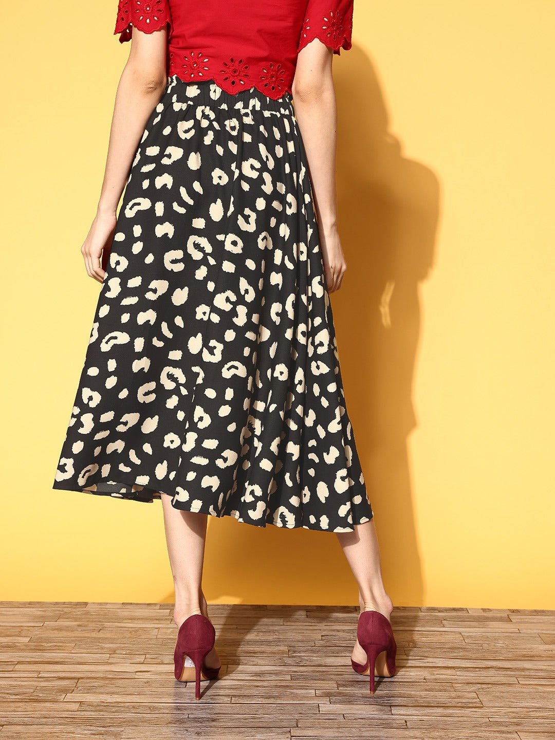 Folk Republic Women Black & Cream Animal Printed Crepe Flared A-Line Midi Skirt - #folk republic#