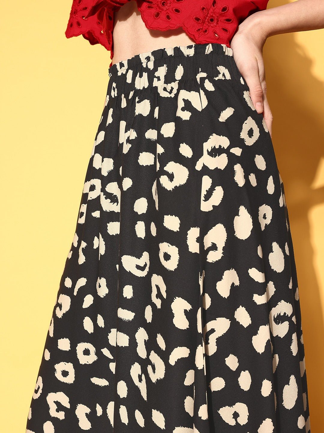 Folk Republic Women Black & Cream Animal Printed Crepe Flared A-Line Midi Skirt - #folk republic#