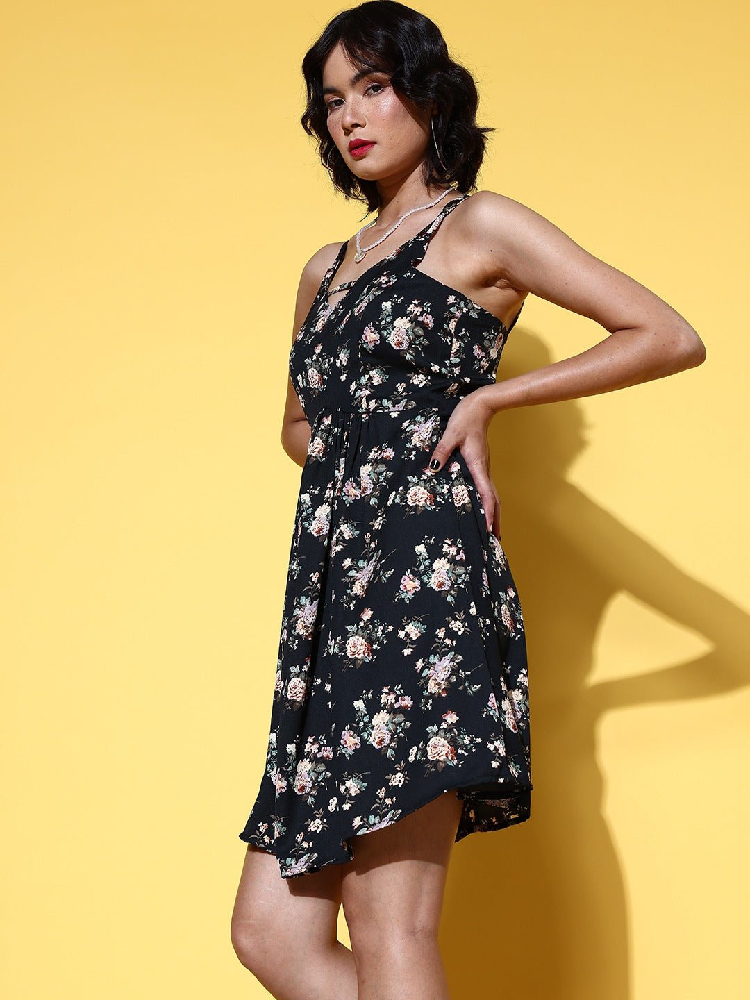 Folk Republic Women Black & Cream Floral Printed V-Neck Criss-Cross Back Pleated A-Line Mini Dress - #folk republic#