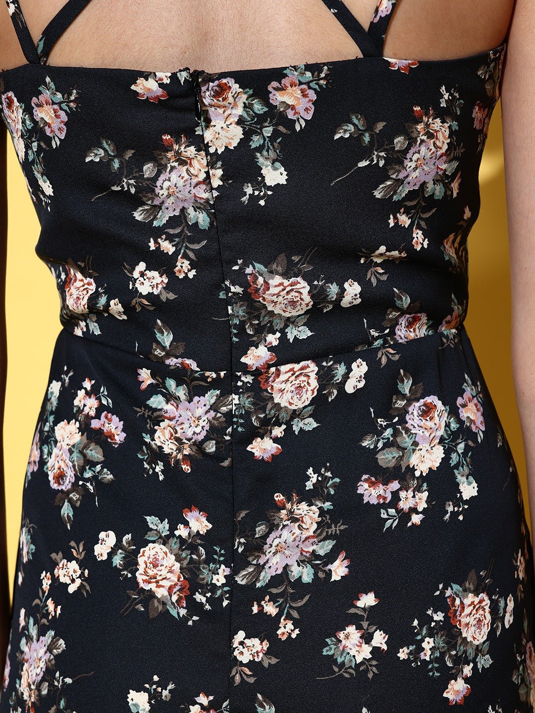 Folk Republic Women Black & Cream Floral Printed V-Neck Criss-Cross Back Pleated A-Line Mini Dress - #folk republic#