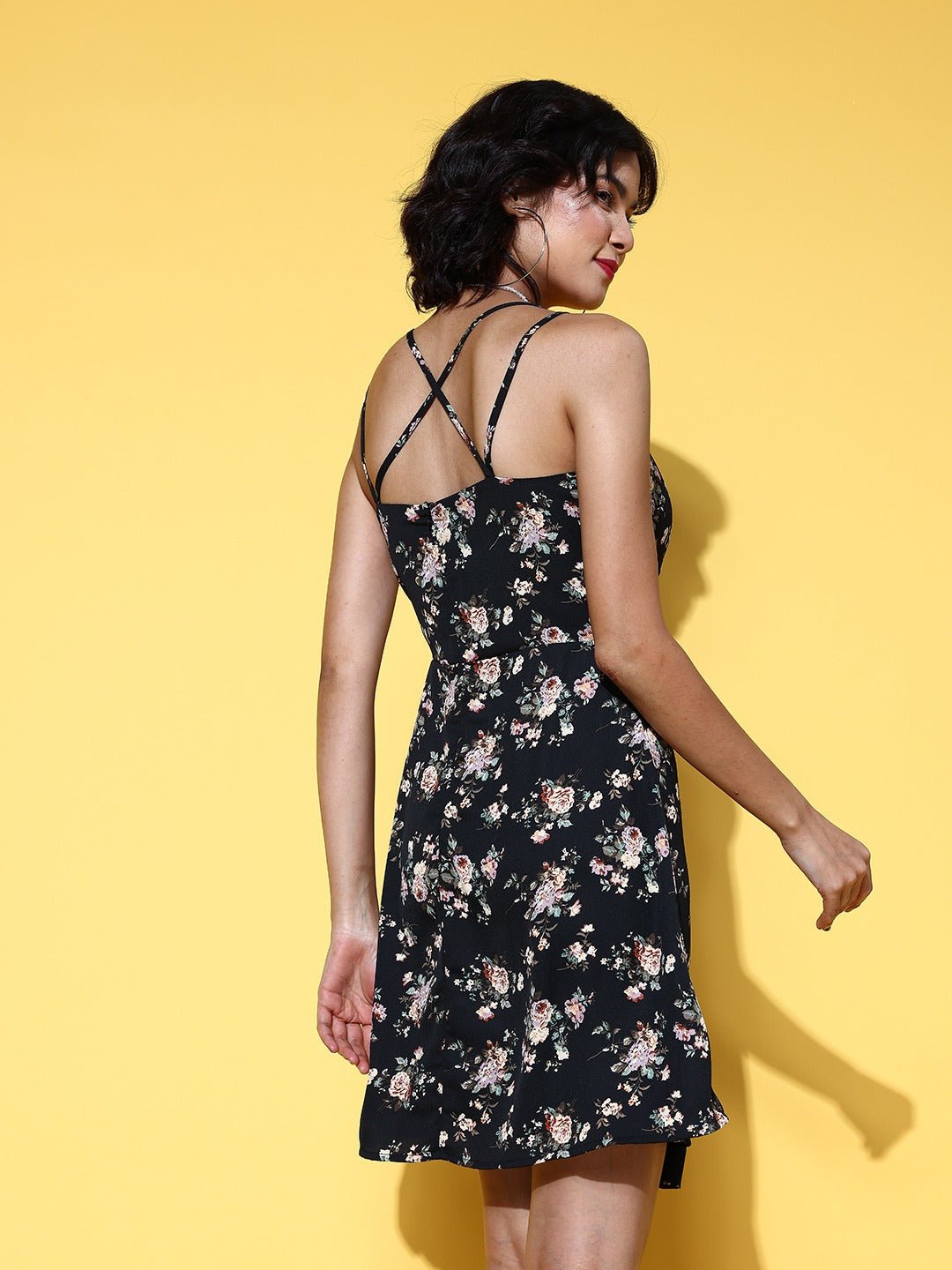 Folk Republic Women Black & Cream Floral Printed V-Neck Criss-Cross Back Pleated A-Line Mini Dress - #folk republic#