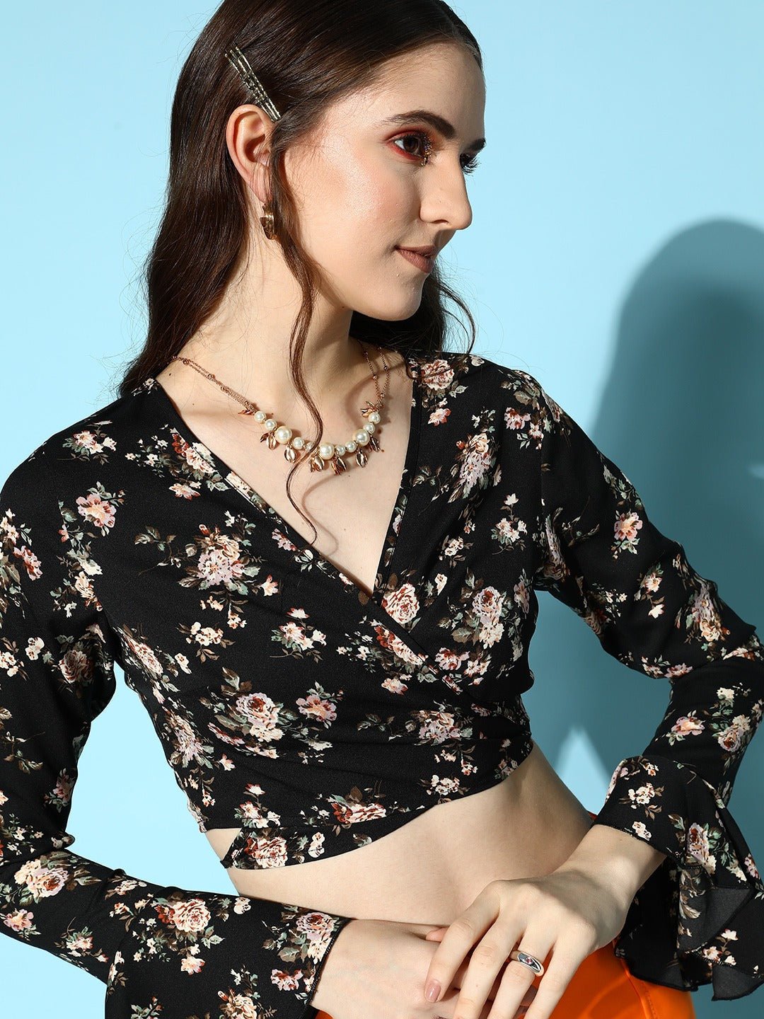 Folk Republic Women Black & Cream Floral Printed V-Neck Waist Tie-Up Back Crepe Wrap Cropped Top - #folk republic#