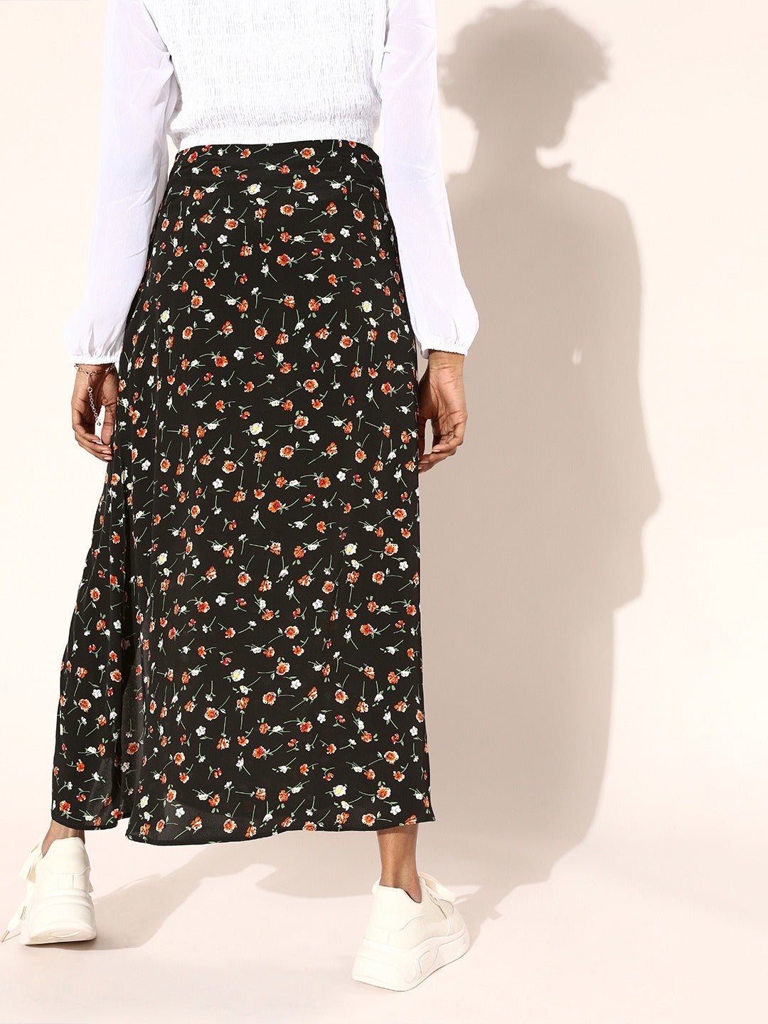 Folk Republic Women Black Ditsy Floral Printed Thigh-High Slit Straight Midi Pencil Skirt - #folk republic#