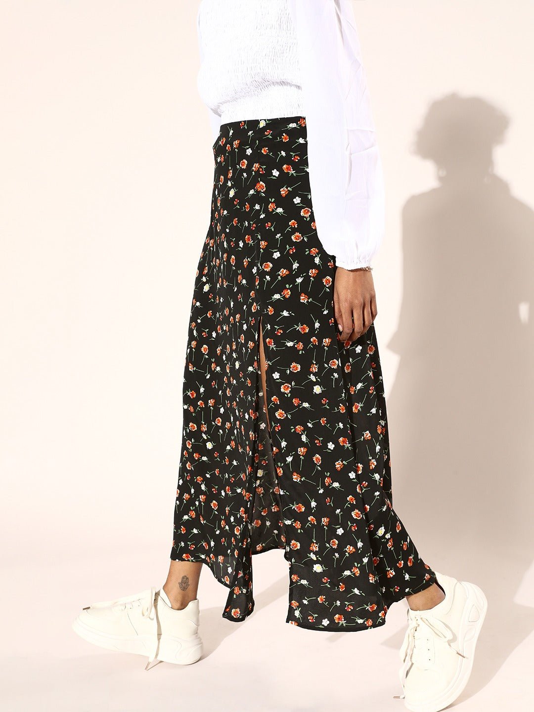 Folk Republic Women Black Ditsy Floral Printed Thigh-High Slit Straight Midi Pencil Skirt - #folk republic#