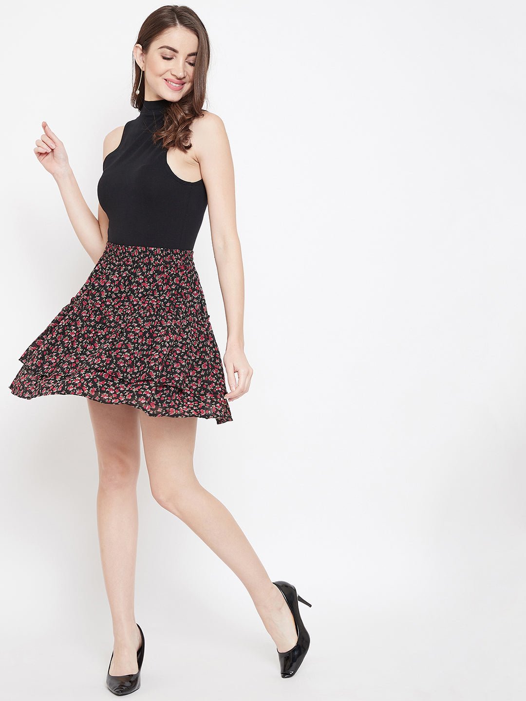 Folk Republic Women Black Floral Print Layered Slip-On Mini Skirt - #folk republic#
