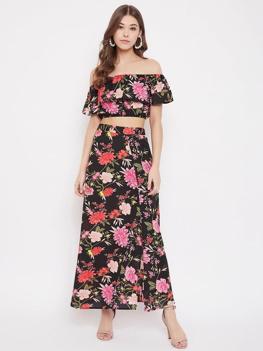 Folk Republic Women Black Floral Print Off-Shoulder Co-Ord Dress Set - #folk republic#