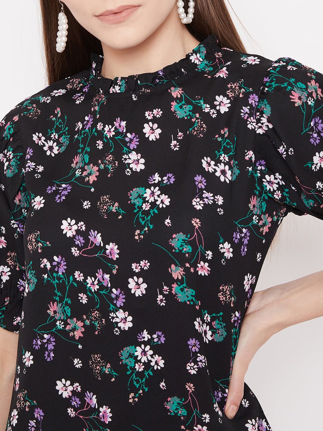 Folk Republic Women Black Floral Print Regular Fit Top - #folk republic#