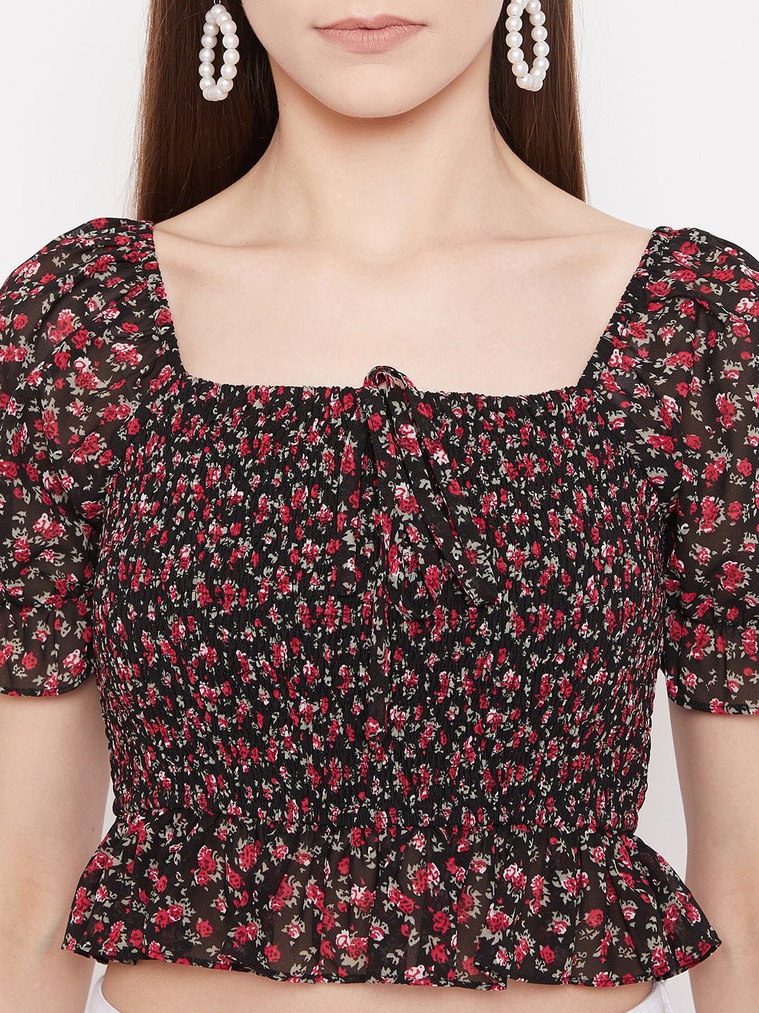 Folk Republic Women Black Floral Print Smocked Crop Top - #folk republic#