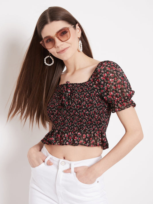 Folk Republic Women Black Floral Print Smocked Crop Top - #folk republic#