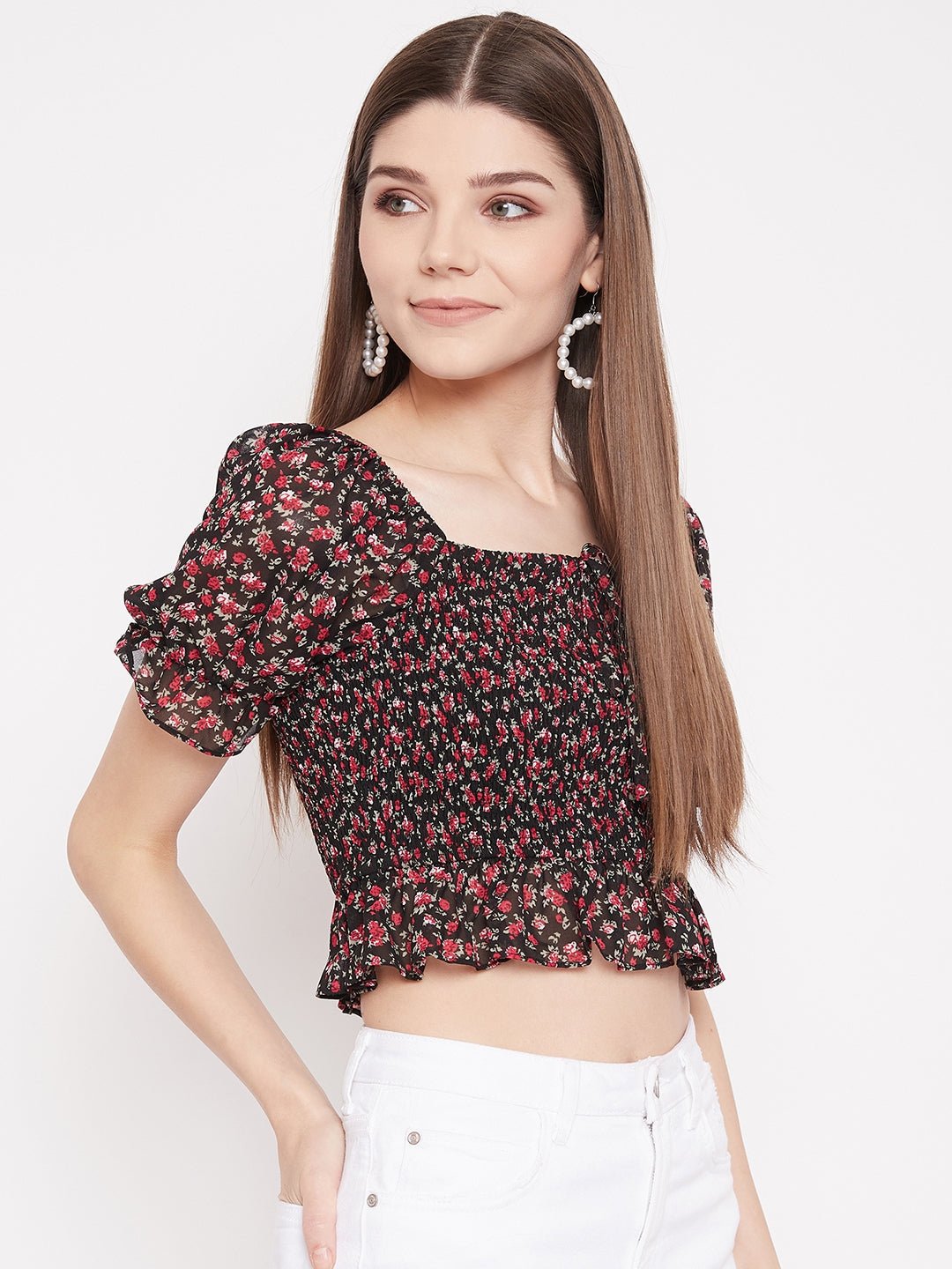 Folk Republic Women Black Floral Print Smocked Crop Top - #folk republic#