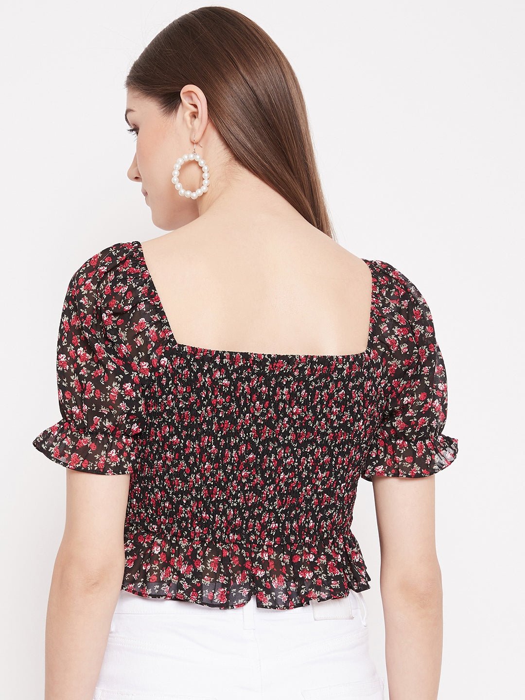 Folk Republic Women Black Floral Print Smocked Crop Top - #folk republic#