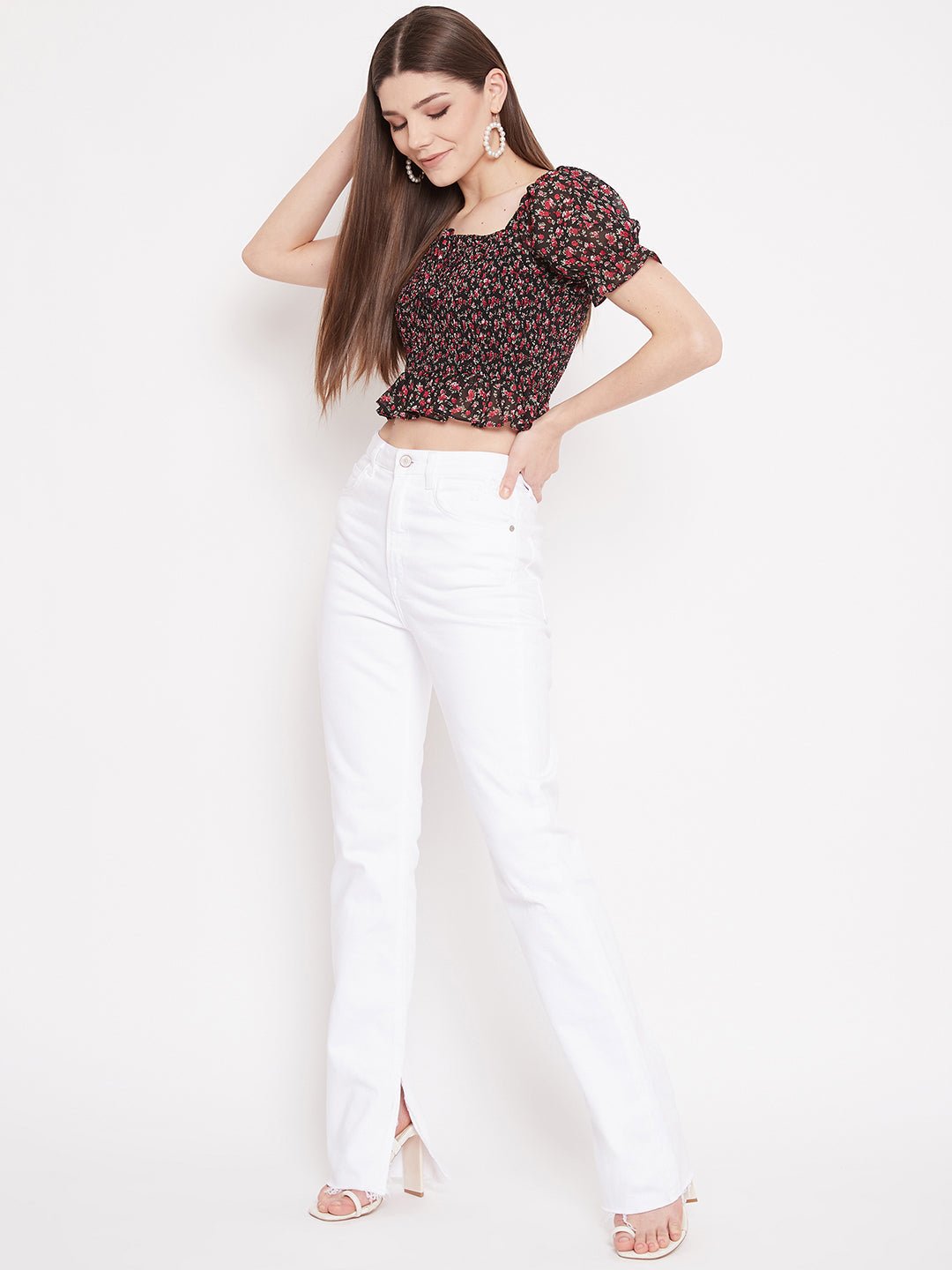 Folk Republic Women Black Floral Print Smocked Crop Top - #folk republic#