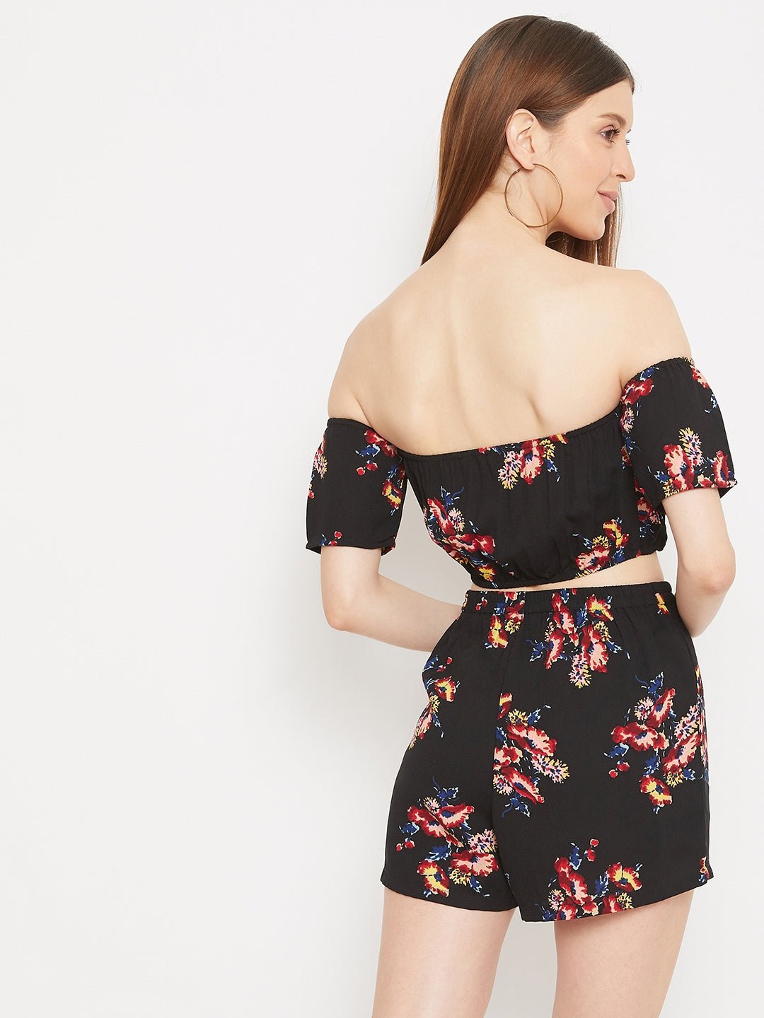 Folk Republic Women Black Floral Printed Off-the-Shoulder Crop Top & Shorts Jumpsuit - #folk republic#