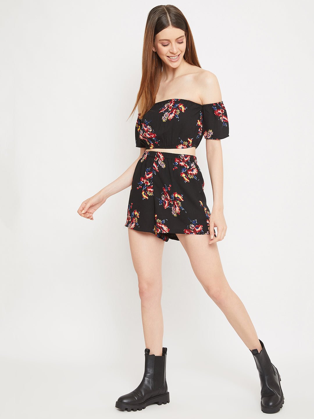 Folk Republic Women Black Floral Printed Off-the-Shoulder Crop Top & Shorts Jumpsuit - #folk republic#
