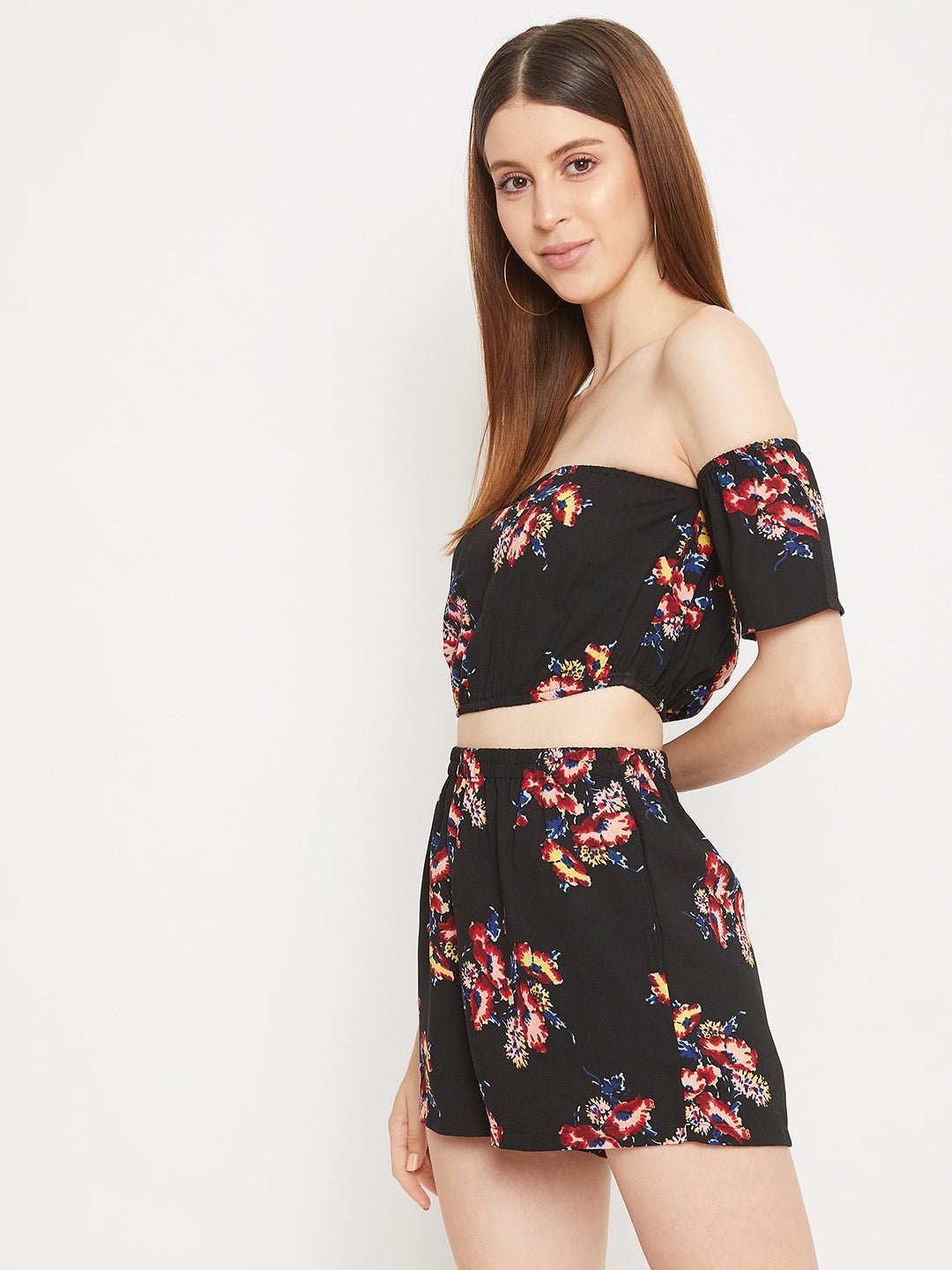 Folk Republic Women Black Floral Printed Off-the-Shoulder Crop Top & Shorts Jumpsuit - #folk republic#