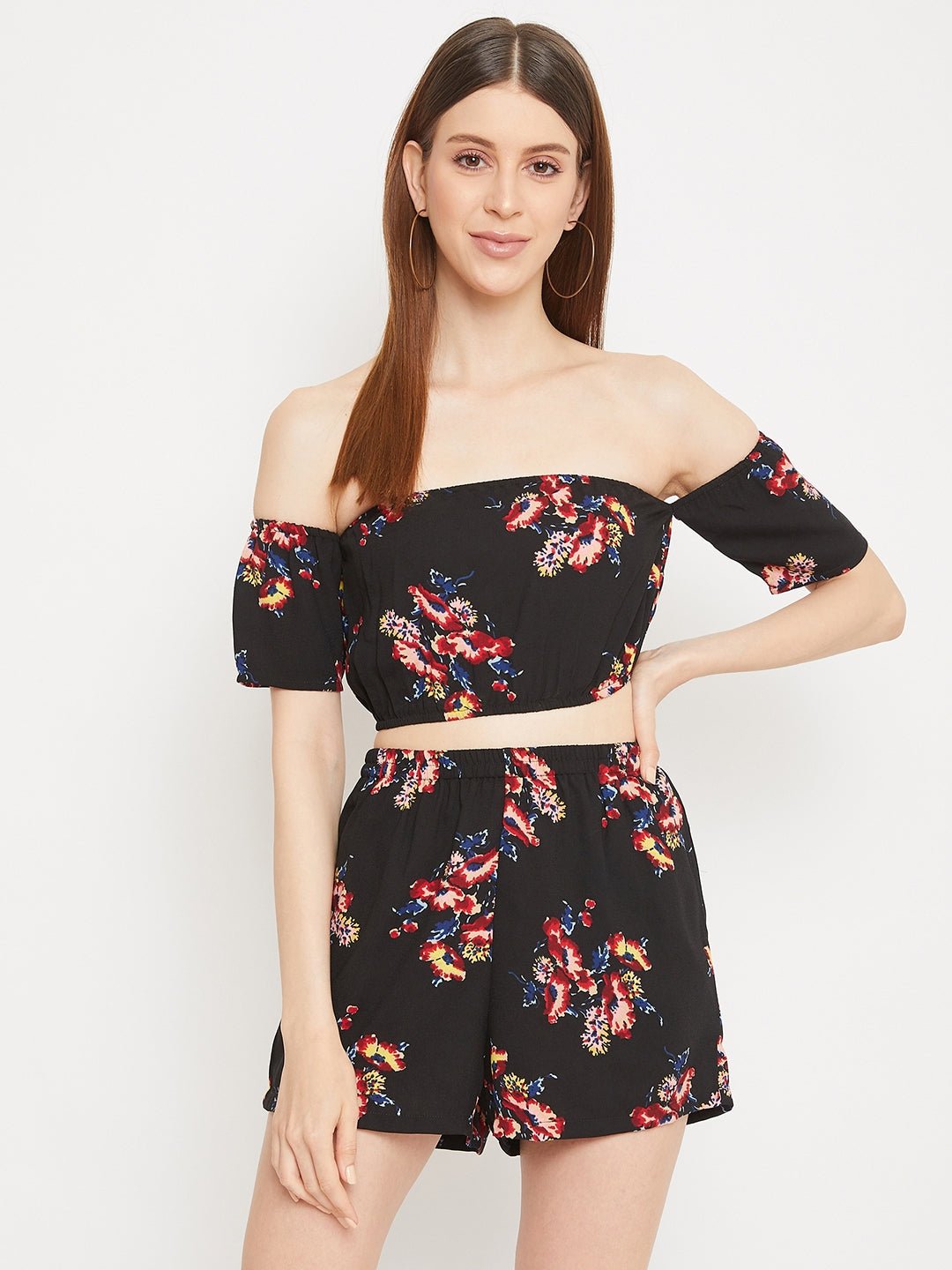 Folk Republic Women Black Floral Printed Off-the-Shoulder Crop Top & Shorts Jumpsuit - #folk republic#