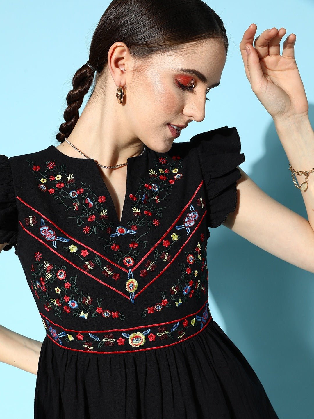 Folk Republic Women Black Floral Printed Round Neck Cotton Embroidered Fit & Flare Mini Dress - #folk republic#