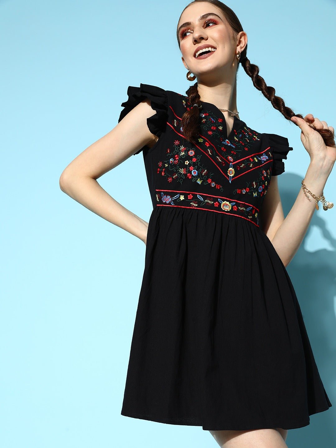 Folk Republic Women Black Floral Printed Round Neck Cotton Embroidered Fit & Flare Mini Dress - #folk republic#
