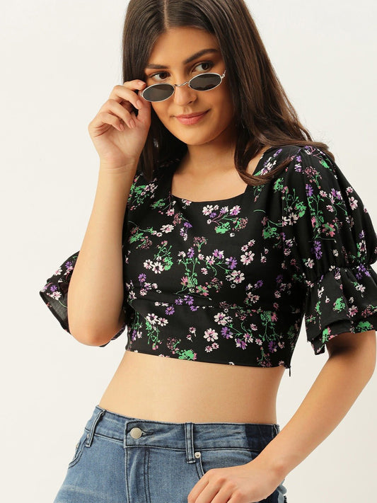 Folk Republic Women Black Floral Printed Square-Neck Ruffled Crop Top - #folk republic#