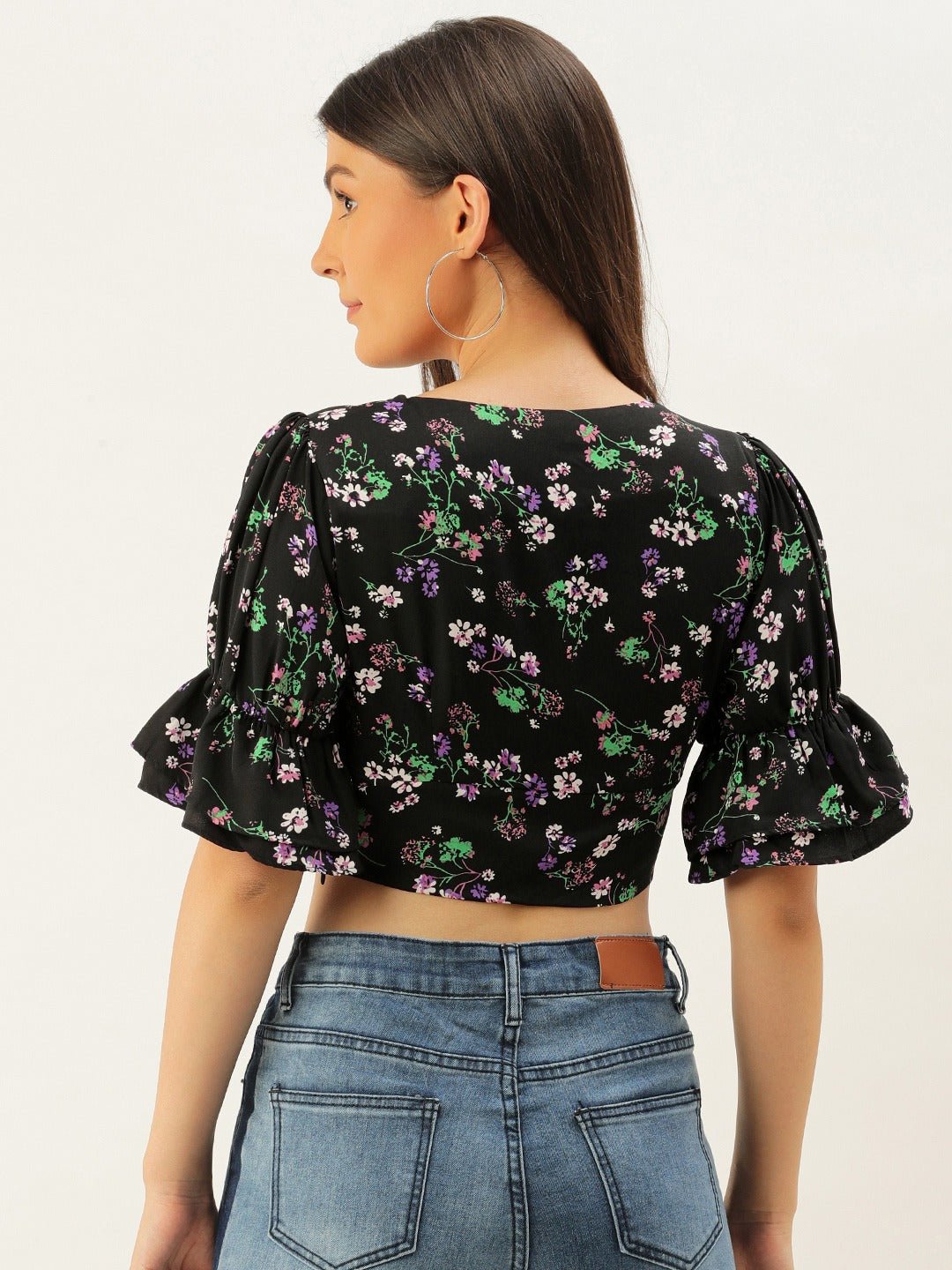 Folk Republic Women Black Floral Printed Square-Neck Ruffled Crop Top - #folk republic#