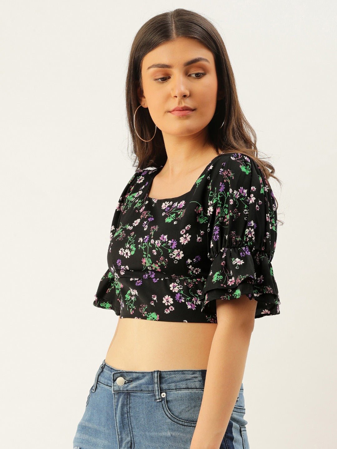 Folk Republic Women Black Floral Printed Square-Neck Ruffled Crop Top - #folk republic#