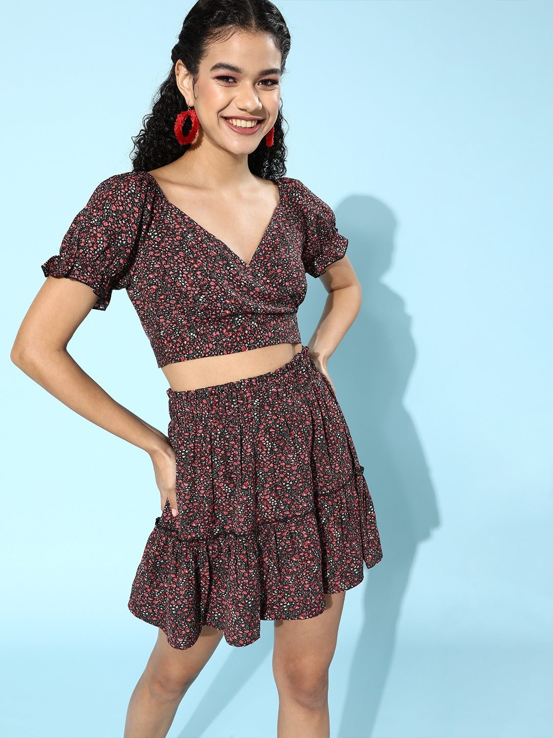 Folk Republic Women Black Floral Printed Sweetheart Co-Ordinate Dress - #folk republic#