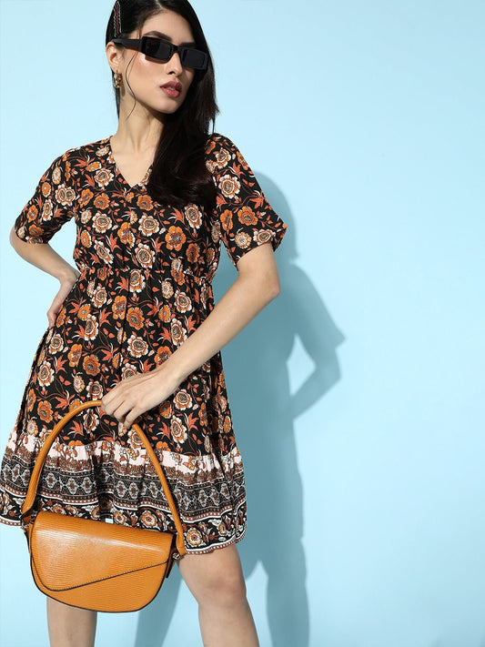 Folk Republic Women Black Floral Printed V-Neck A-Line Mini Dress - #folk republic#