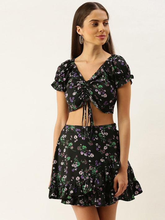 Folk Republic Women Black Floral Printed V-Neck Fit & Flare Co-Ordinate Mini Dress - #folk republic#