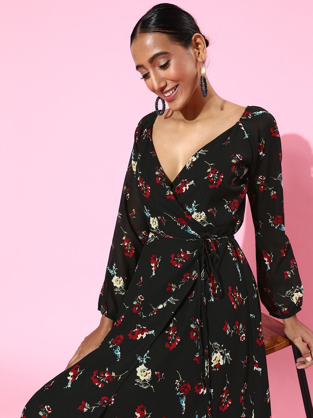 Folk Republic Women Black Floral Printed V-Neck Waist Tie-Up Flared Wrap Maxi Dress - #folk republic#