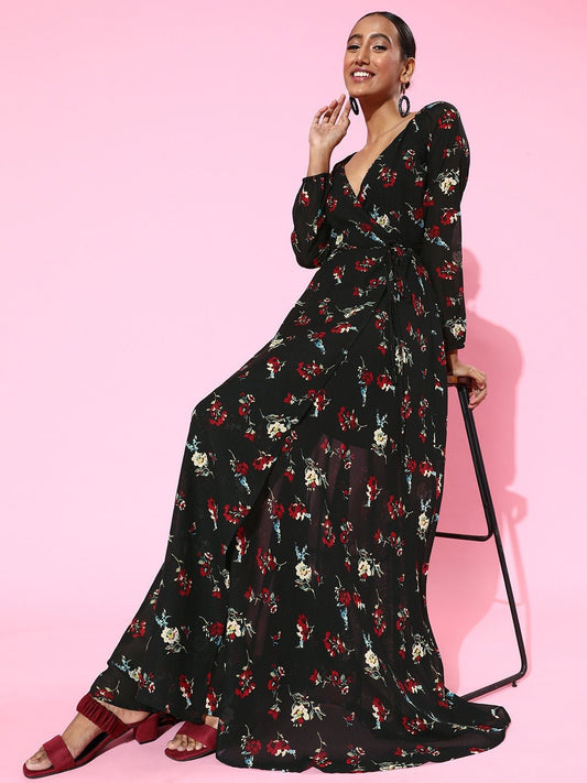 Folk Republic Women Black Floral Printed V-Neck Waist Tie-Up Flared Wrap Maxi Dress - #folk republic#