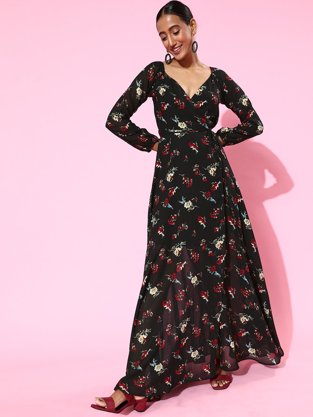 Folk Republic Women Black Floral Printed V-Neck Waist Tie-Up Flared Wrap Maxi Dress - #folk republic#