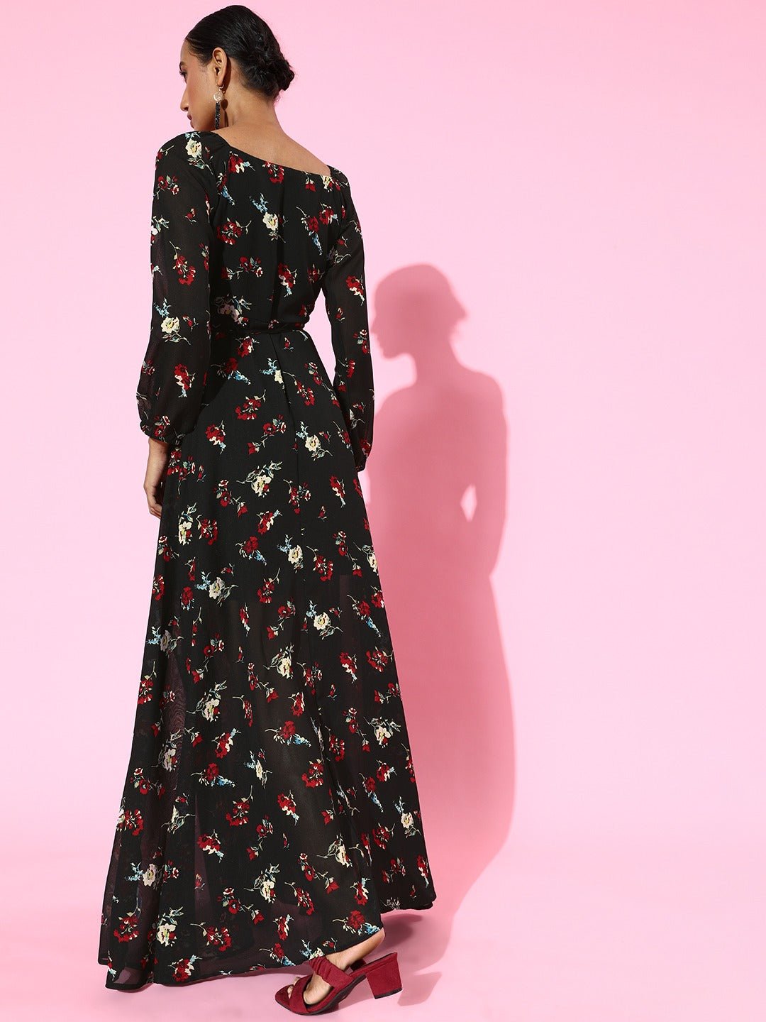Folk Republic Women Black Floral Printed V-Neck Waist Tie-Up Flared Wrap Maxi Dress - #folk republic#