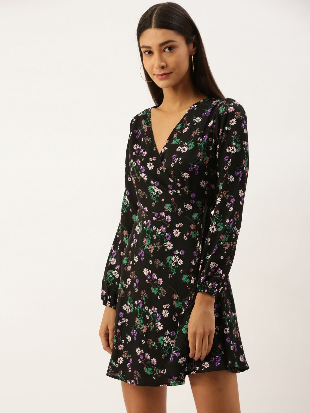 Folk Republic Women Black Floral Printed V-Neck Wrap Mini Dress - #folk republic#