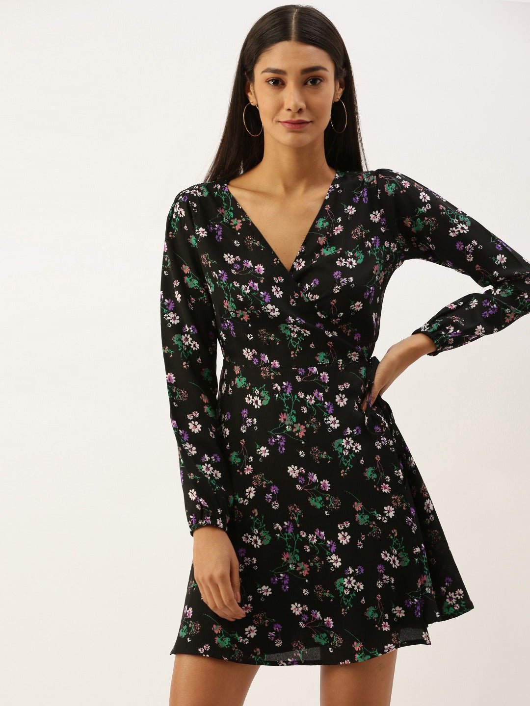 Folk Republic Women Black Floral Printed V-Neck Wrap Mini Dress - #folk republic#