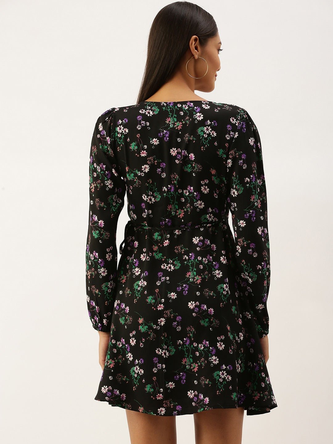 Folk Republic Women Black Floral Printed V-Neck Wrap Mini Dress - #folk republic#