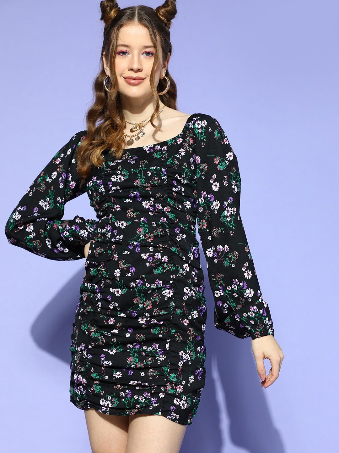 Folk Republic Women Black & Green Floral Printed Square Neck Bishop Sleeve Ruched Sheath Mini Dress - #folk republic#