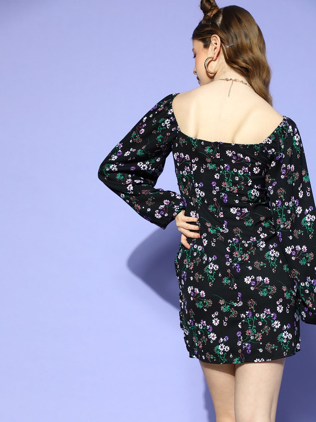 Folk Republic Women Black & Green Floral Printed Square Neck Bishop Sleeve Ruched Sheath Mini Dress - #folk republic#